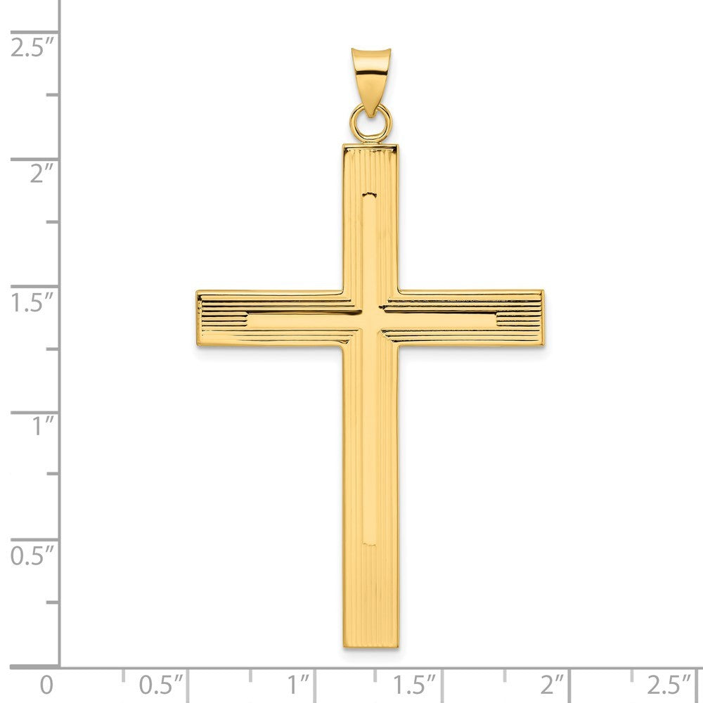 14k Yellow Gold Polished and Line Design Solid Cross Pendant
