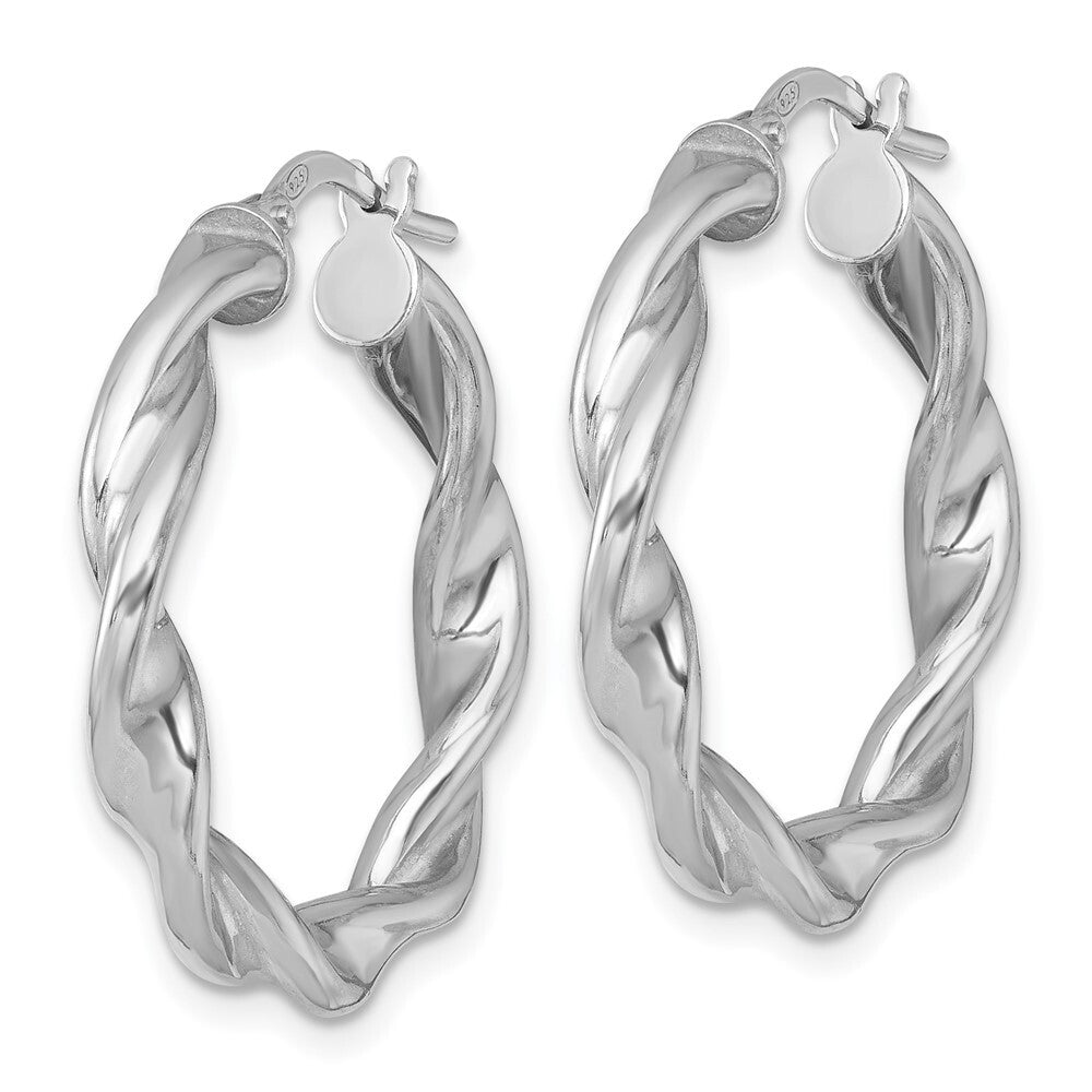 Sterling Silver RH-plated Polished and Twisted Round Hoop Earrings