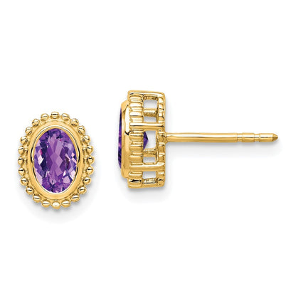 14k Yellow Gold Oval Amethyst Stud Earrings Gift for Women
