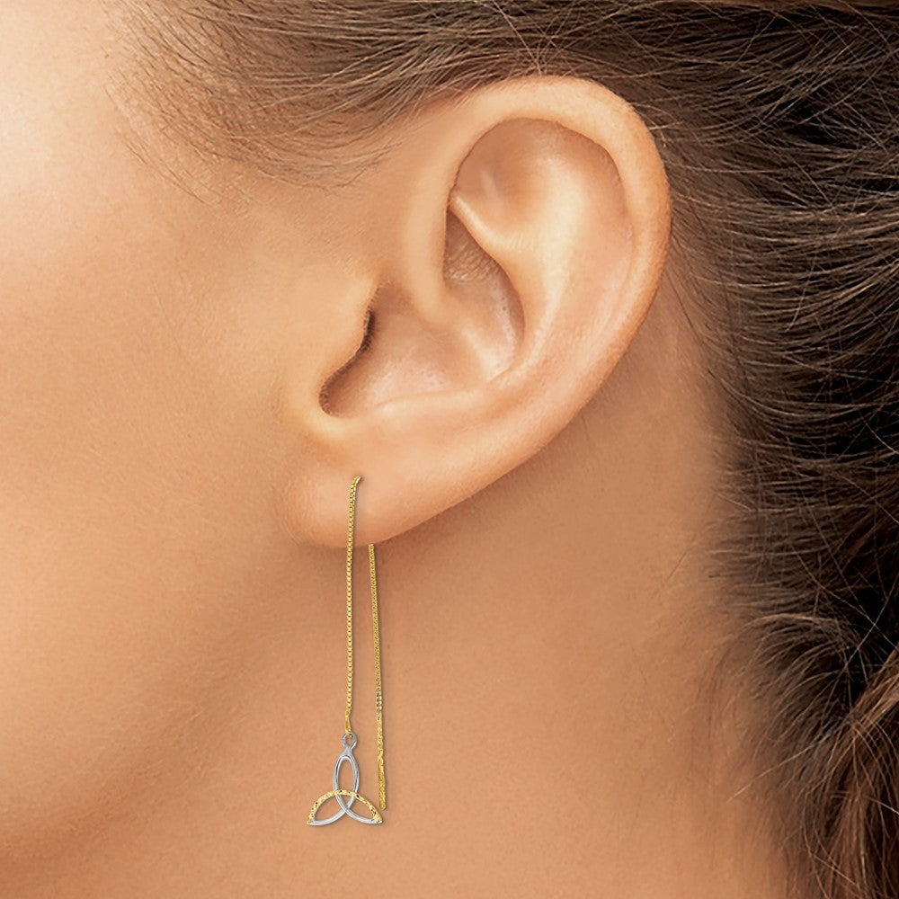 14k Yellow Gold w/Rhodium Diamond-Cut Box Chain Celtic Knot Threader Earrings