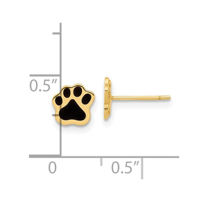 14k Yellow Gold Polished Paw with Black Enamel Stud Earrings Gift for Women