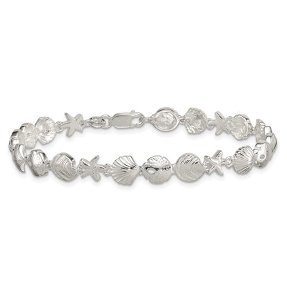 Sterling Silver  Textured Starfish, Sand Dollar, and Sea Shell 7.25" Bracelet