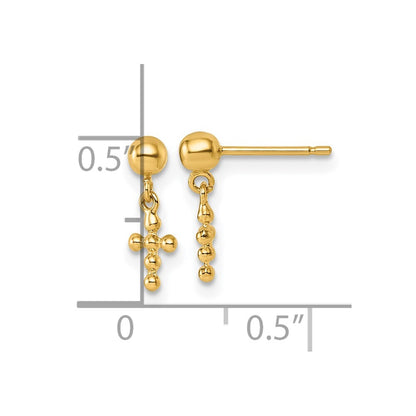 14k Yellow Gold Polished Beaded Cross Dangle Earrings Gift for Women