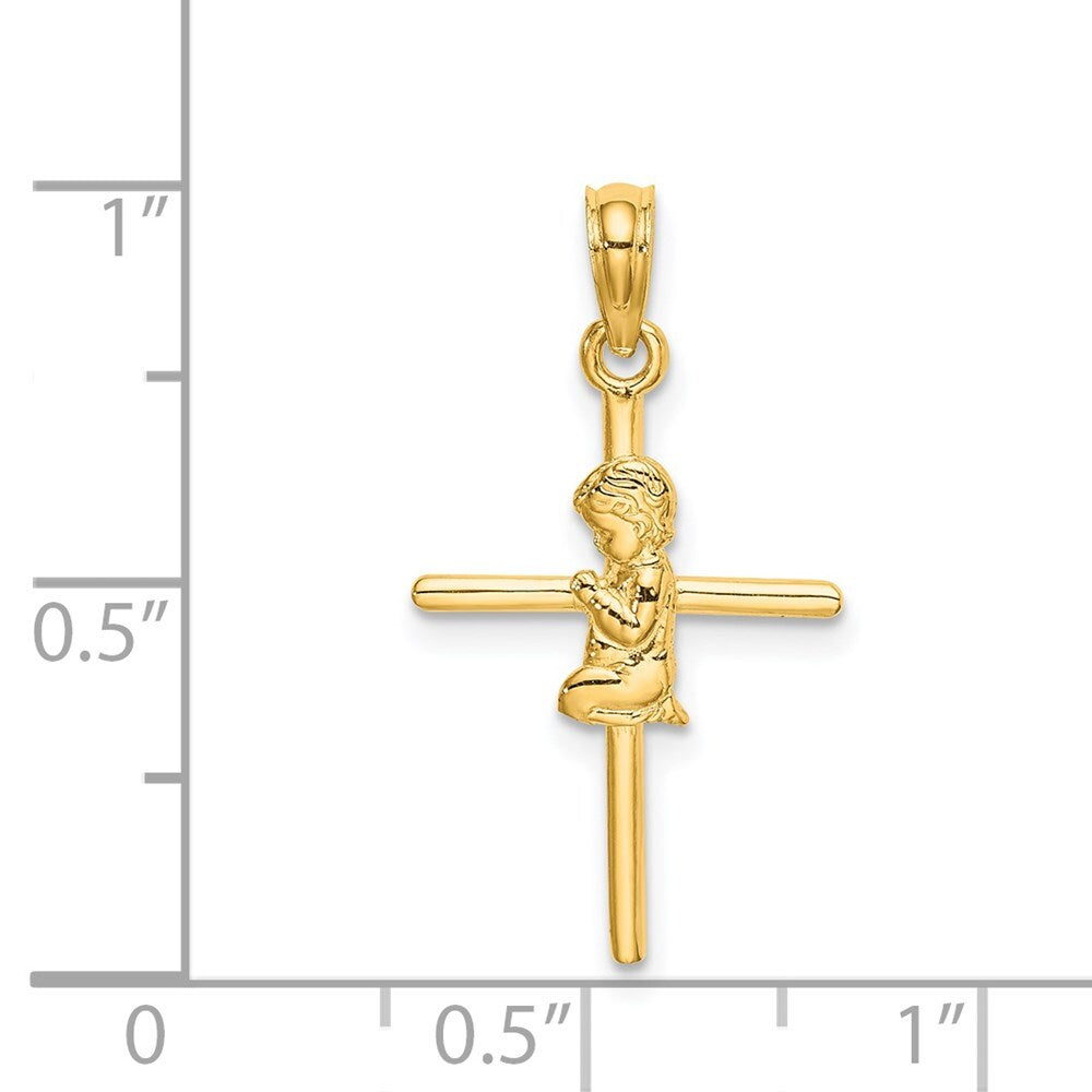 14k Yellow Gold Praying Boy Cross Charm Pendant for Women
