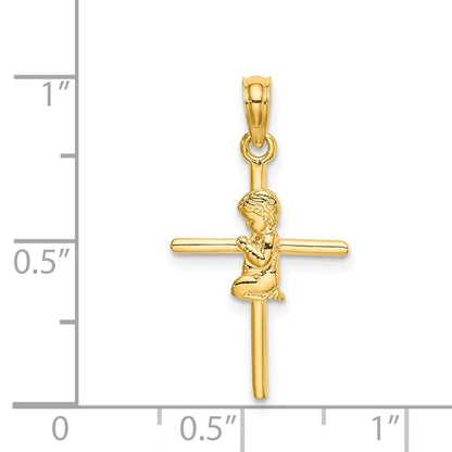 14k Yellow Gold Praying Boy Cross Charm Pendant for Women