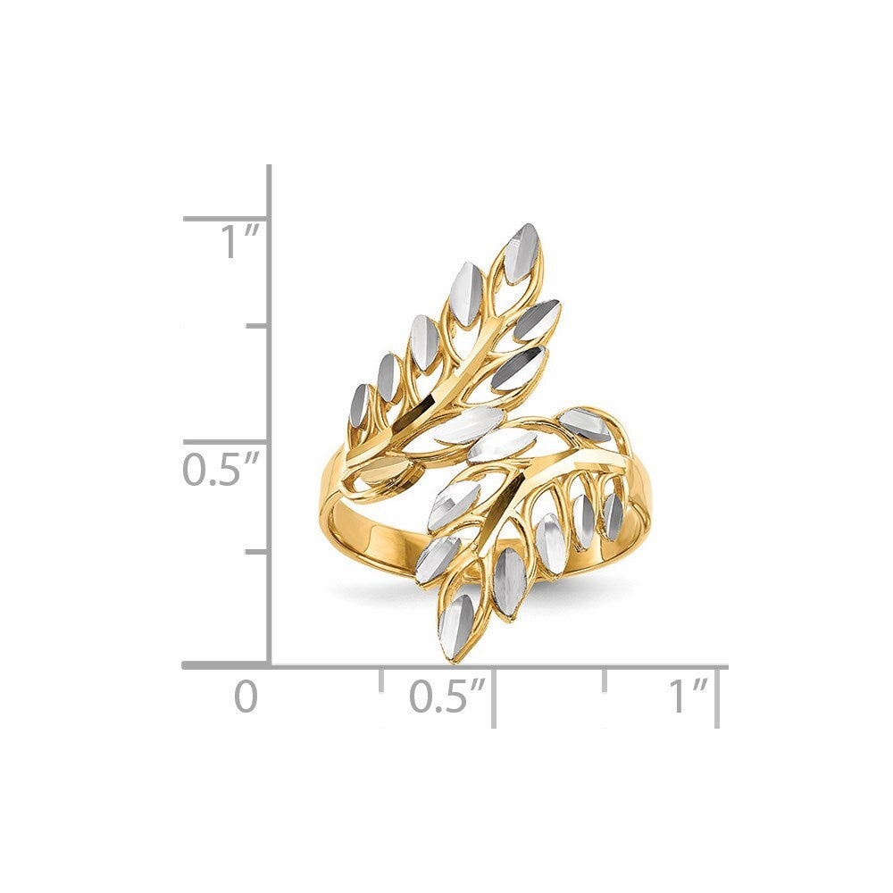 14K Yellow Gold w/ White Rhodium Diamond-cut Leaves Ring Size 7