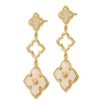 Sterling Silver Gold-tone Polished MOP & Cubic Zirconia Floral Dangle Earrings