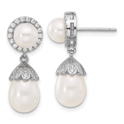 Sterling Silver 6-8mm Rice and Freshwater Cultured Pearl and CZ Dangle Earrings