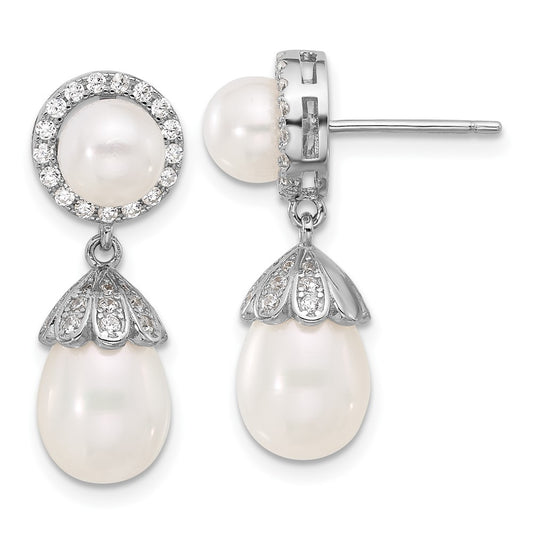 Sterling Silver 6-8mm Rice and Freshwater Cultured Pearl and CZ Dangle Earrings