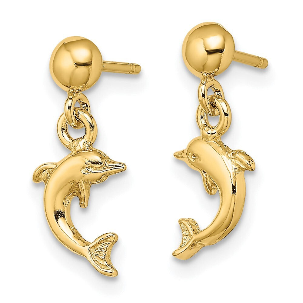 14k Yellow Gold Mini Jumping Dolphin Dangle Earrings Gift for Women