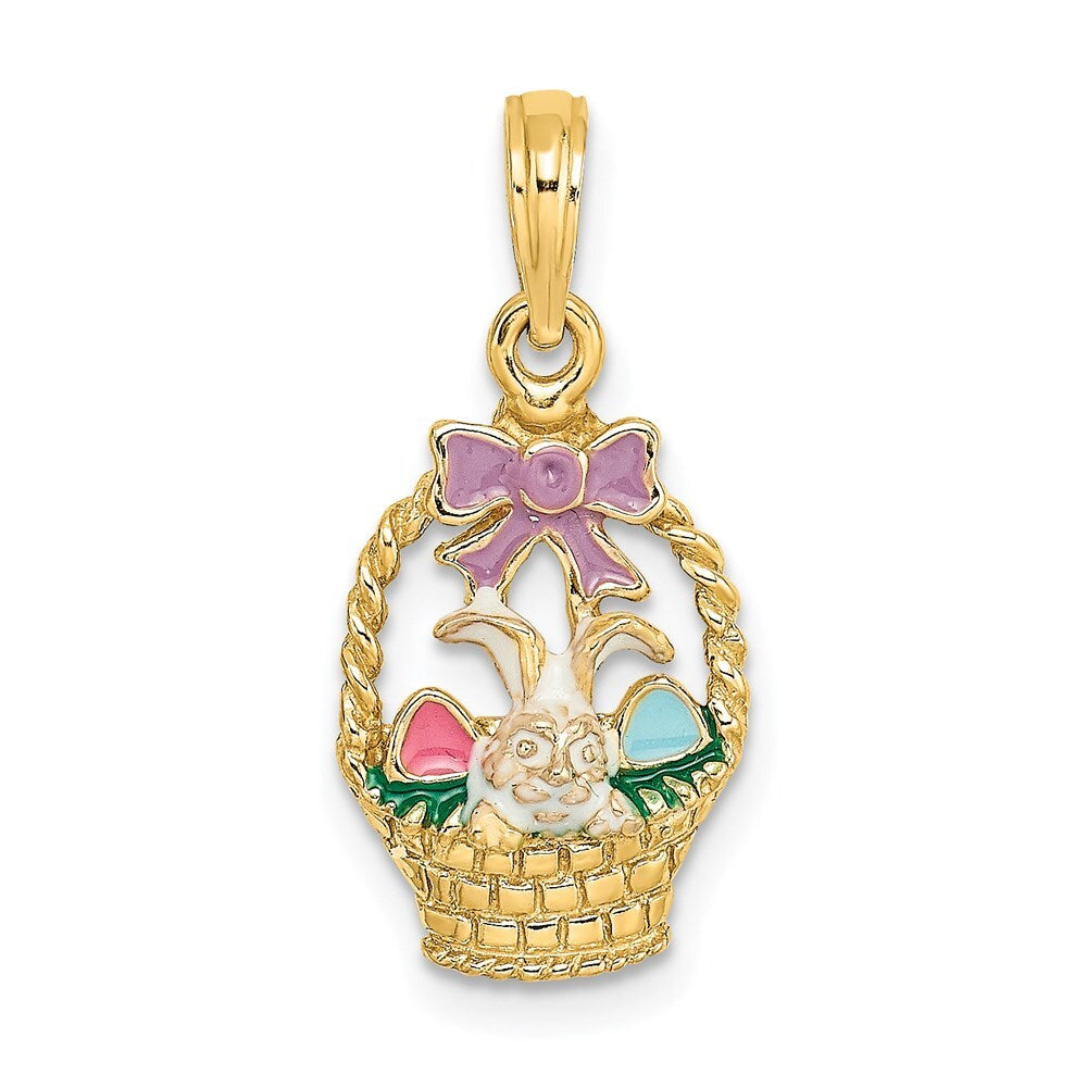 14k Yellow Gold Enameled Easter Basket Bunny, Bow and Eggs Charm Pendant