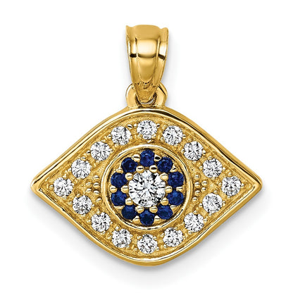 14k Yellow Gold Polished Lab Created Blue Spinel and CZ Evil Eye Charm Pendant
