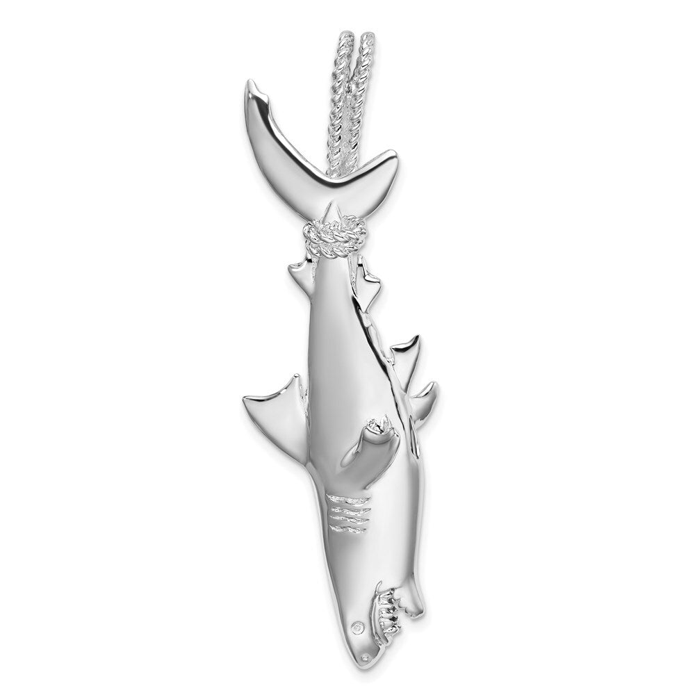 Sterling Silver Rhodium-plated Polished 3D Shark Hanging from Rope Pendant