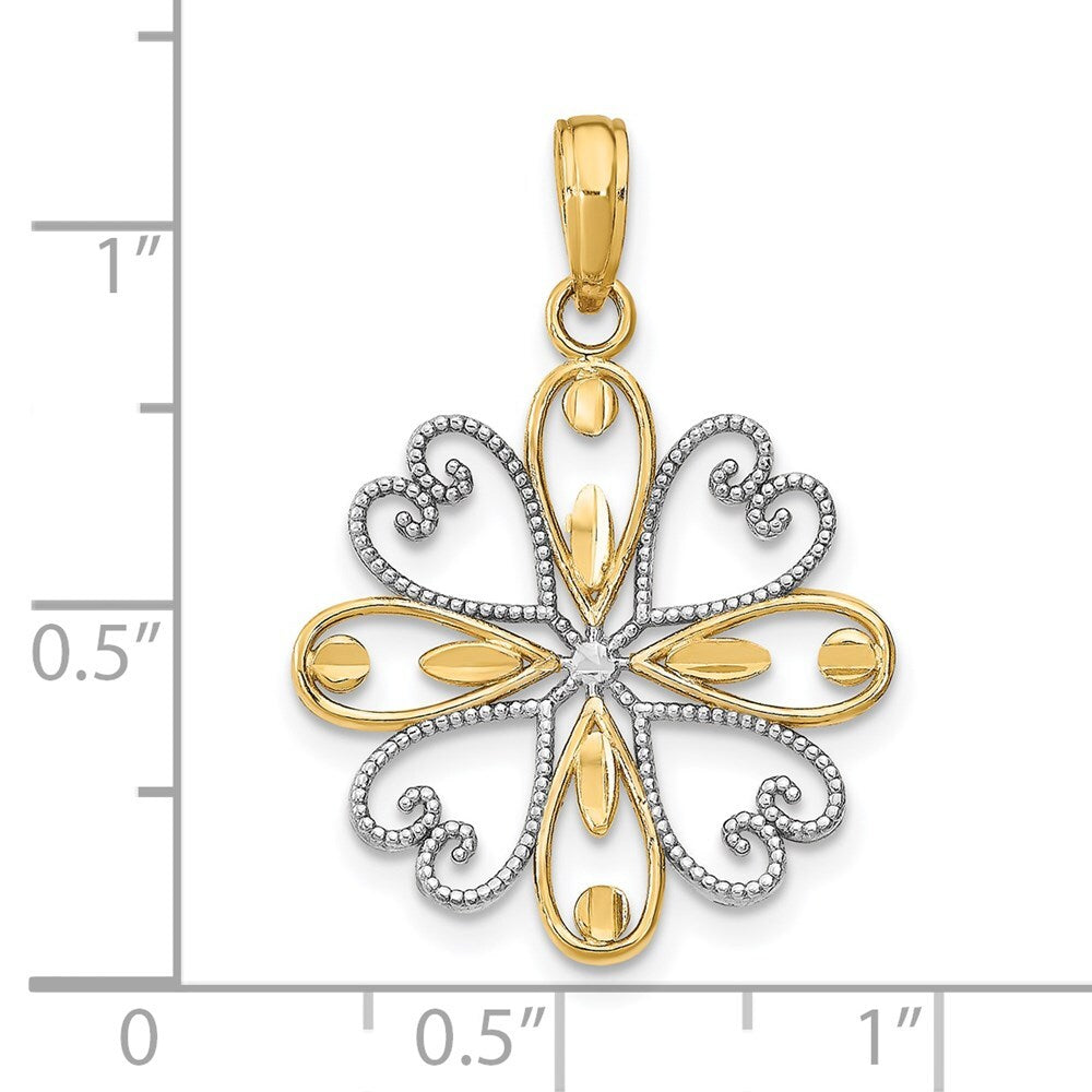 14k Yellow Gold Rhodium Beaded Heart Petals Flower Charm Pendant for Women