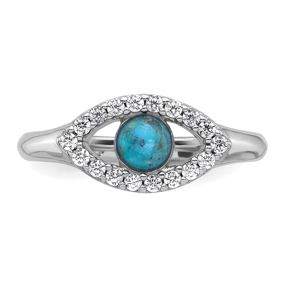 Sterling Silver Cubic Zirconia and Compressed Turquoise Evil Eye Ring Size 8