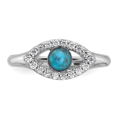 Sterling Silver Cubic Zirconia and Compressed Turquoise Evil Eye Ring Size 8