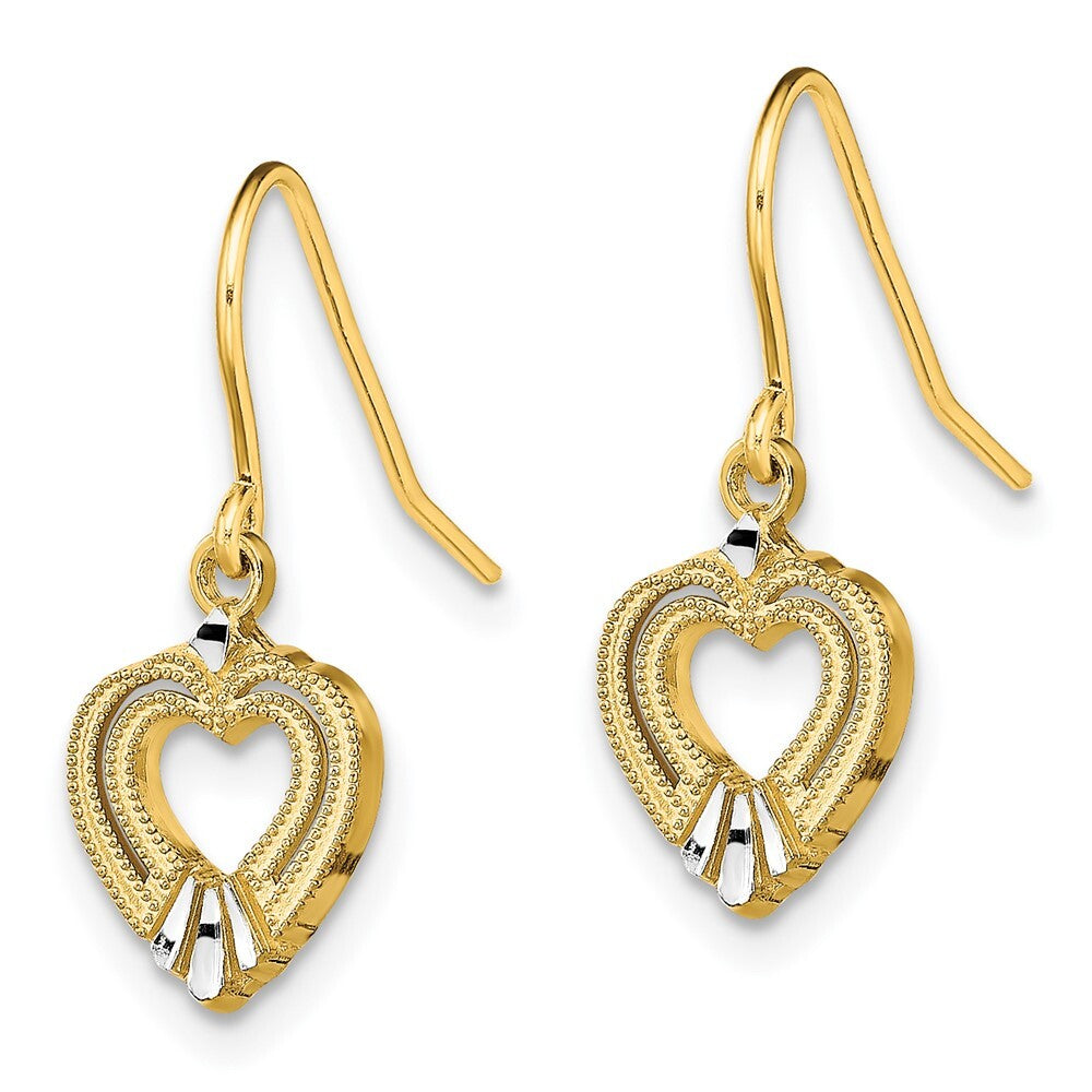 14k Yellow Gold White Rhodium Polished Heart Shepherd Hook Stud Earrings