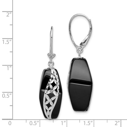 Sterling Silver Polished & Diamond-cut Onyx Leverback Dangle Earrings