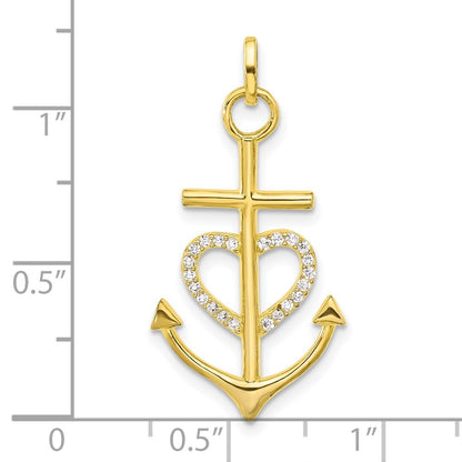 Sterling Silver Gold-tone Cross Cubic Zirconia Heart Anchor Pendant