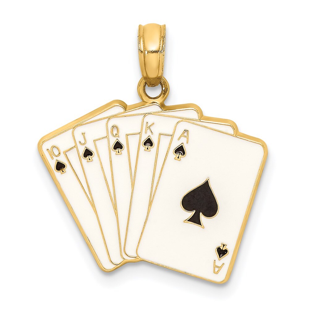 14k Yellow Gold Enamel Playing Cards Royal Flush Charm Pendant for Women
