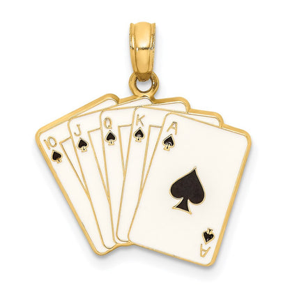 14k Yellow Gold Enamel Playing Cards Royal Flush Charm Pendant for Women