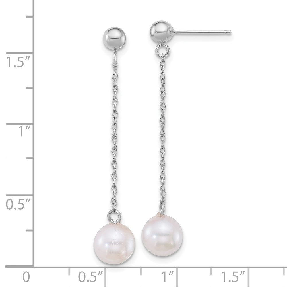 14k White Gold Polished 7mm Akoya Saltwater Cultured Pearl Chain Dangle Earrings