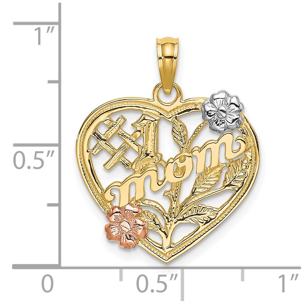 14k Two-tone Gold White Rhodium #1 MOM Heart Flower Charm Pendant