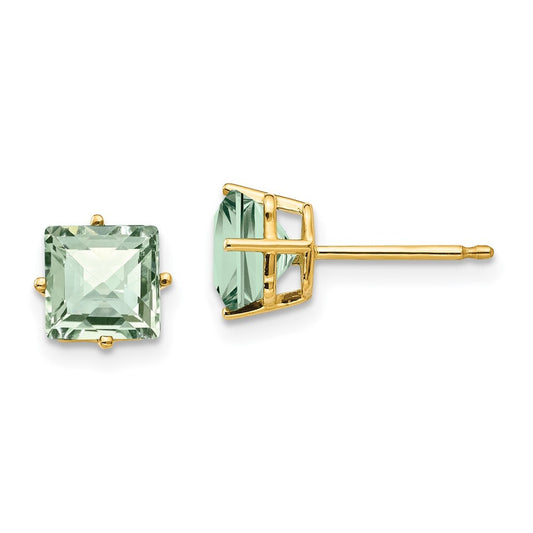 14k Yellow Gold 6mm Square Checker-Cut Green Quartz Stud Earrings