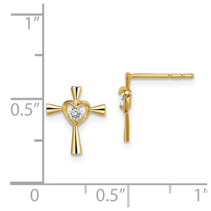 14k Yellow Gold Cubic Zirconia Cross with Heart Stud Earrings