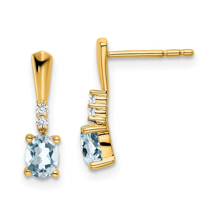 14k Yellow Gold Oval Aquamarine and Diamond Dangle Earrings Gift for Women