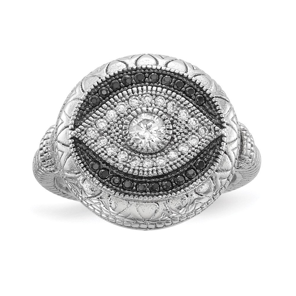 Sterling Silver Rhodium-plated Black and White Cubic Zirconia Evil Eye Ring SZ 7