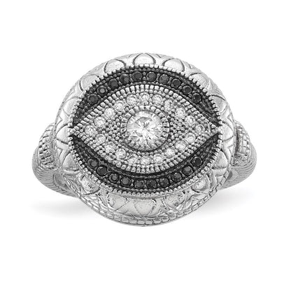Sterling Silver Rhodium-plated Black and White Cubic Zirconia Evil Eye Ring SZ 7