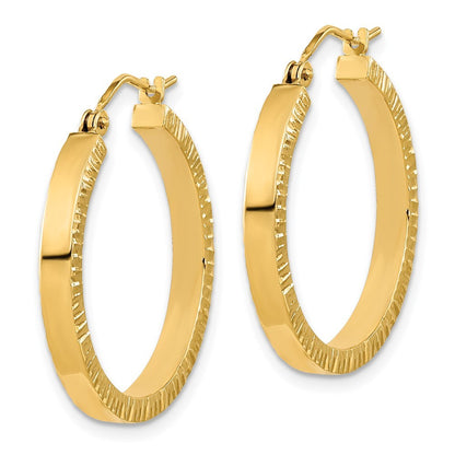 14k Yellow Gold Polished and Textured Sides Hoop Earrings