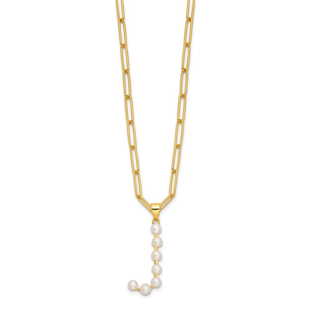 Sterling Silver 3-5.5mm White Button Cultured Pearl LETTER J Necklace 18"
