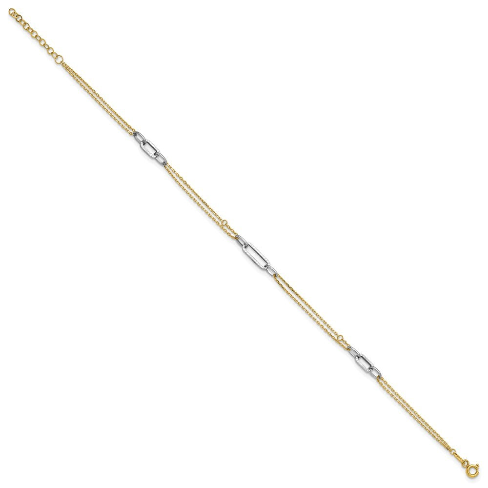 14K Two-tone Polished Diamond-cut 3-Station 10" Anklet