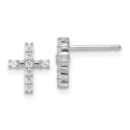 14k White Gold Polished Diamond Cross Stud Earrings