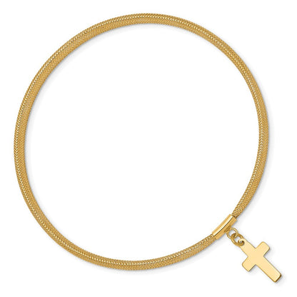 14k Yellow Gold 4mm Cross Dangle Woven Mesh Slip-on Stretch Bracelet