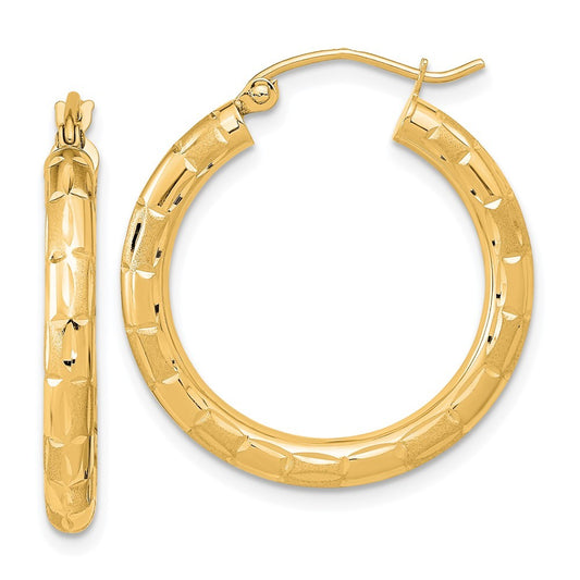 14k Yellow Gold Polished Satin and Diamond-cut Hoop Earrings