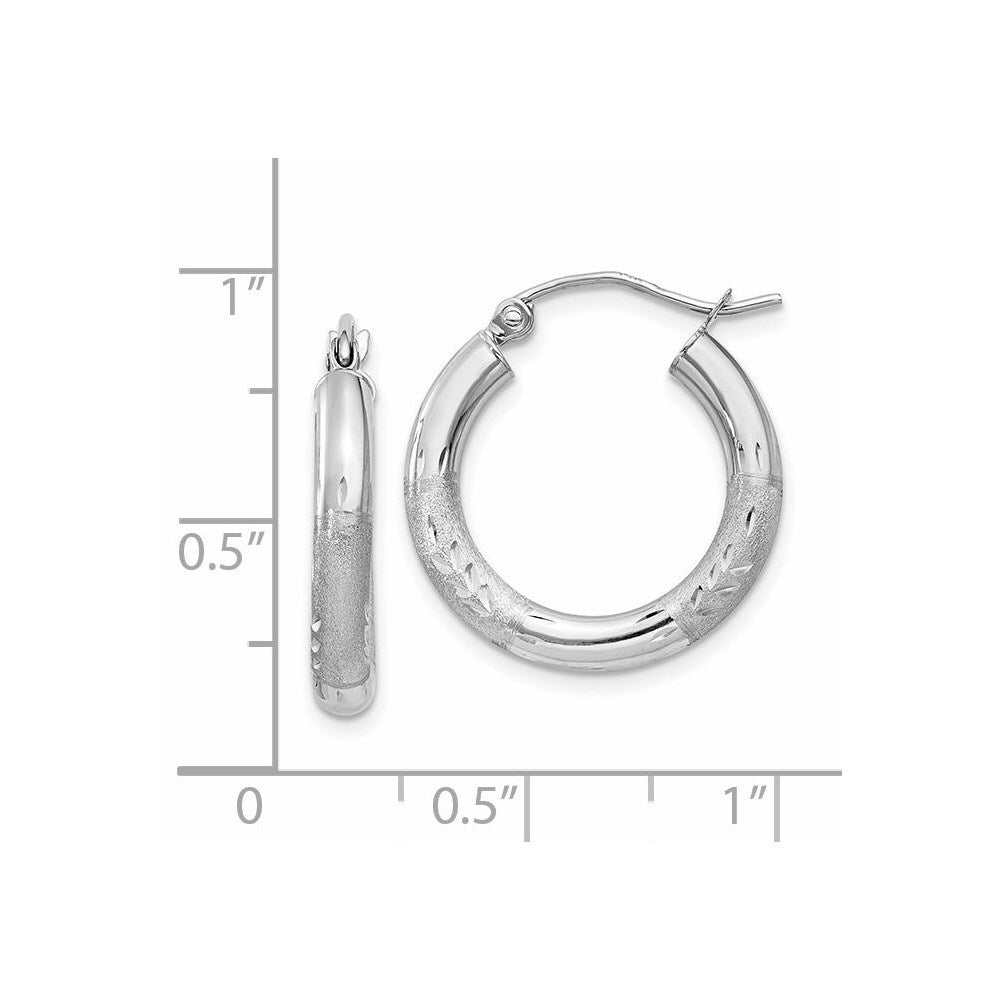 14k White Gold Satin and Diamond-cut 3mm Round Hoop Earrings Gift for Women