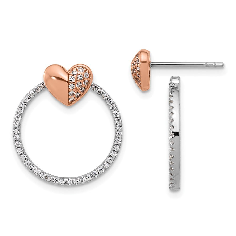 SS Rhodium-plated Rose-tone CZ Heart and Open Circle Earrings
