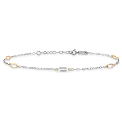 14K Tri-color Oval Link 5-Station 10" Anklet