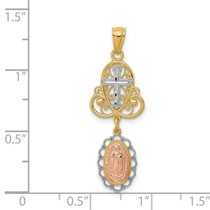 14k Two-tone Gold White Rhodium Lady Guadalupe Cross Pendant