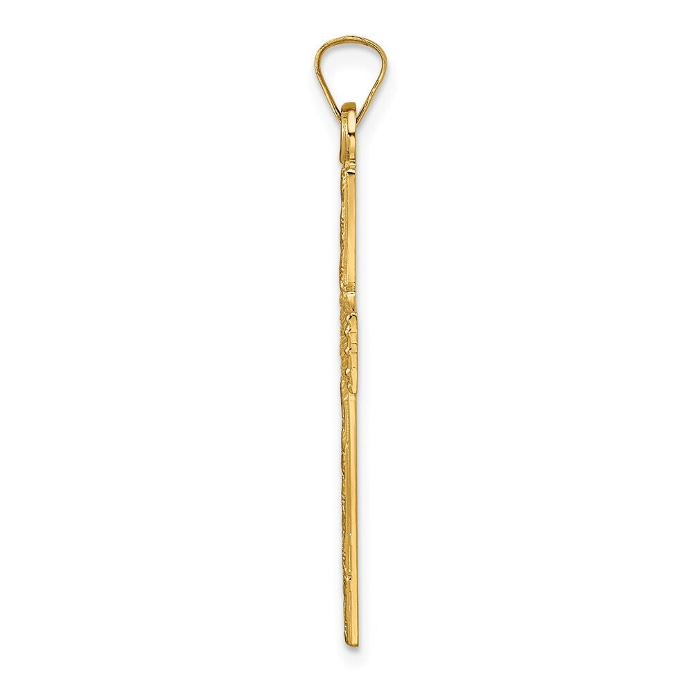 14k Yellow Gold Polished Wood Texture Solid Cross Pendant