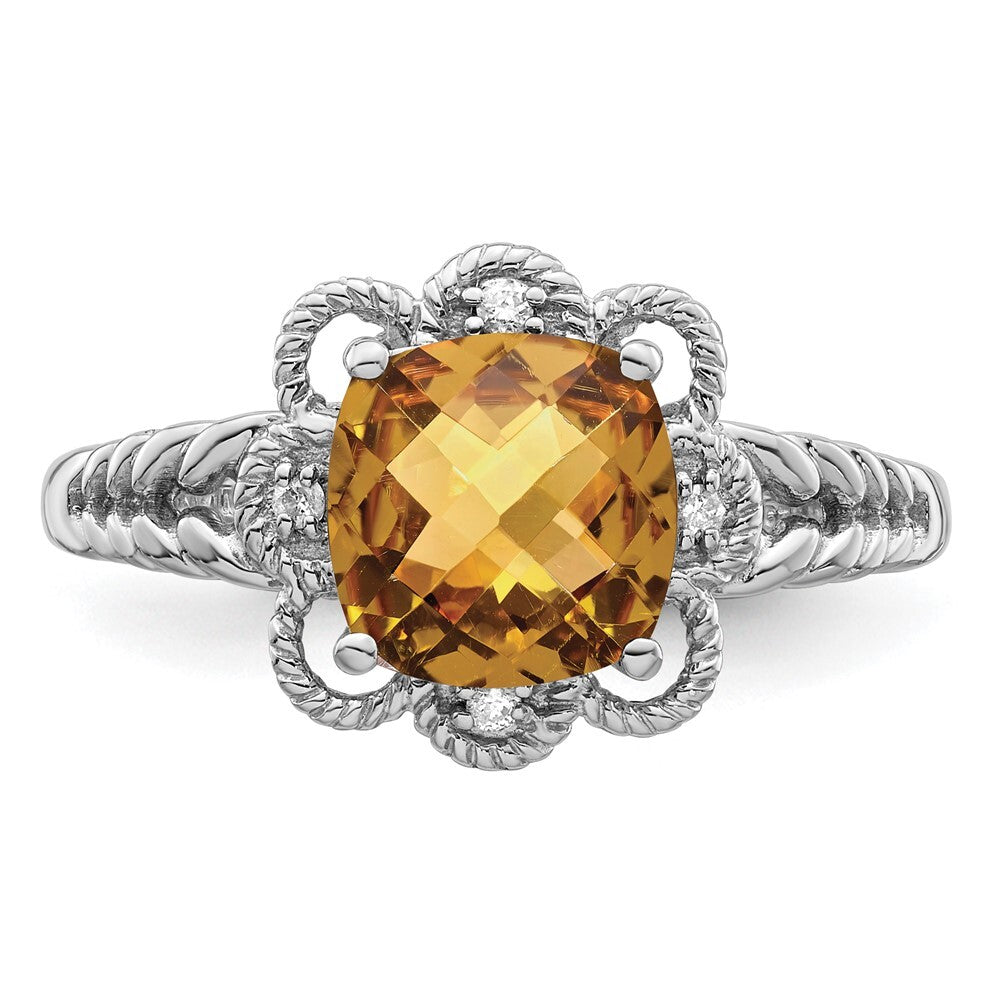 Sterling Silver Rhodium Checker-Cut Whiskey Quartz & Diamond Ring Size 9