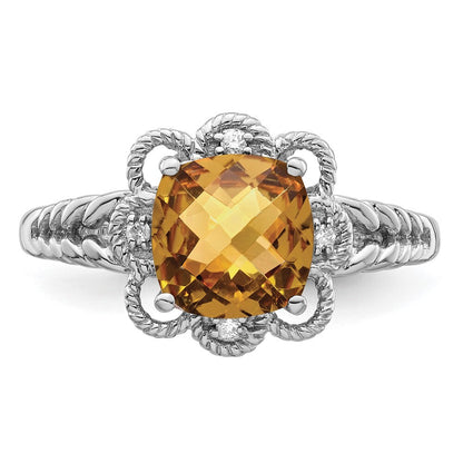 Sterling Silver Rhodium Checker-Cut Whiskey Quartz & Diamond Ring Size 9
