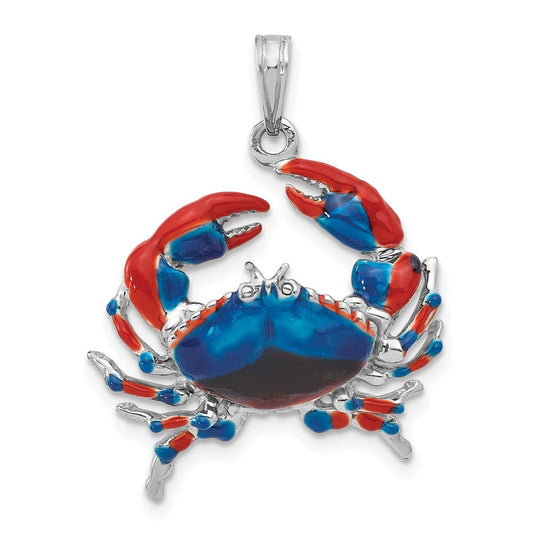 Sterling Silver Rhodium-Plated Polished Enameled Blue Stone Crab Pendant