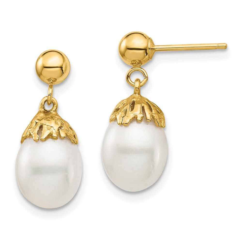 14k Yellow Gold 7-8mm White Rice Freshwater Cultured Pearl Dangle Earrings