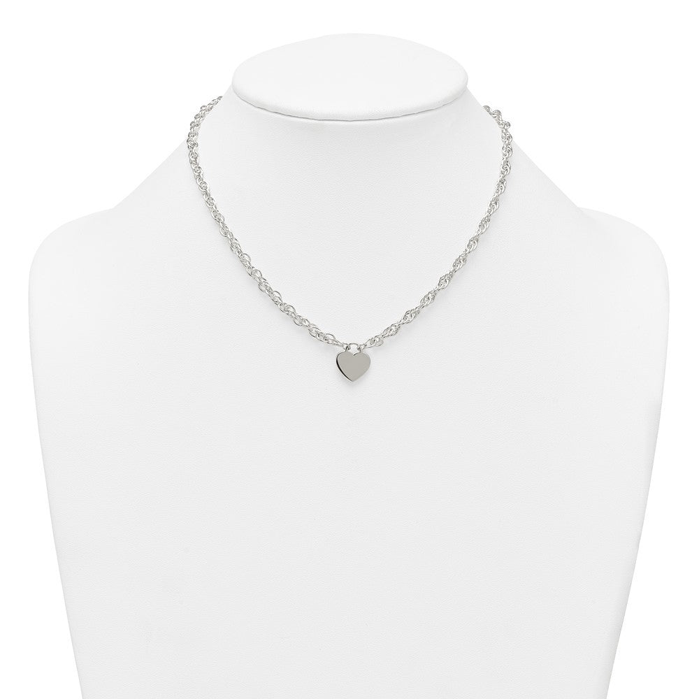 Sterling Silver Polished Fancy Heart Disc on Rope Chain Necklace Necklace 16+2"