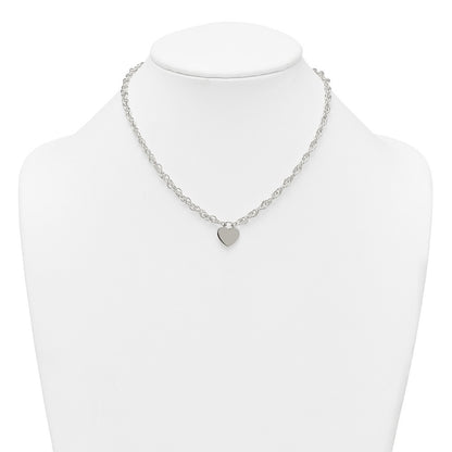 Sterling Silver Polished Fancy Heart Disc on Rope Chain Necklace Necklace 16+2"