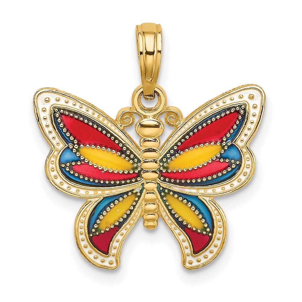 14k Yellow Gold Multi-Color Enameled Beaded Wings Butterfly Charm Pendant